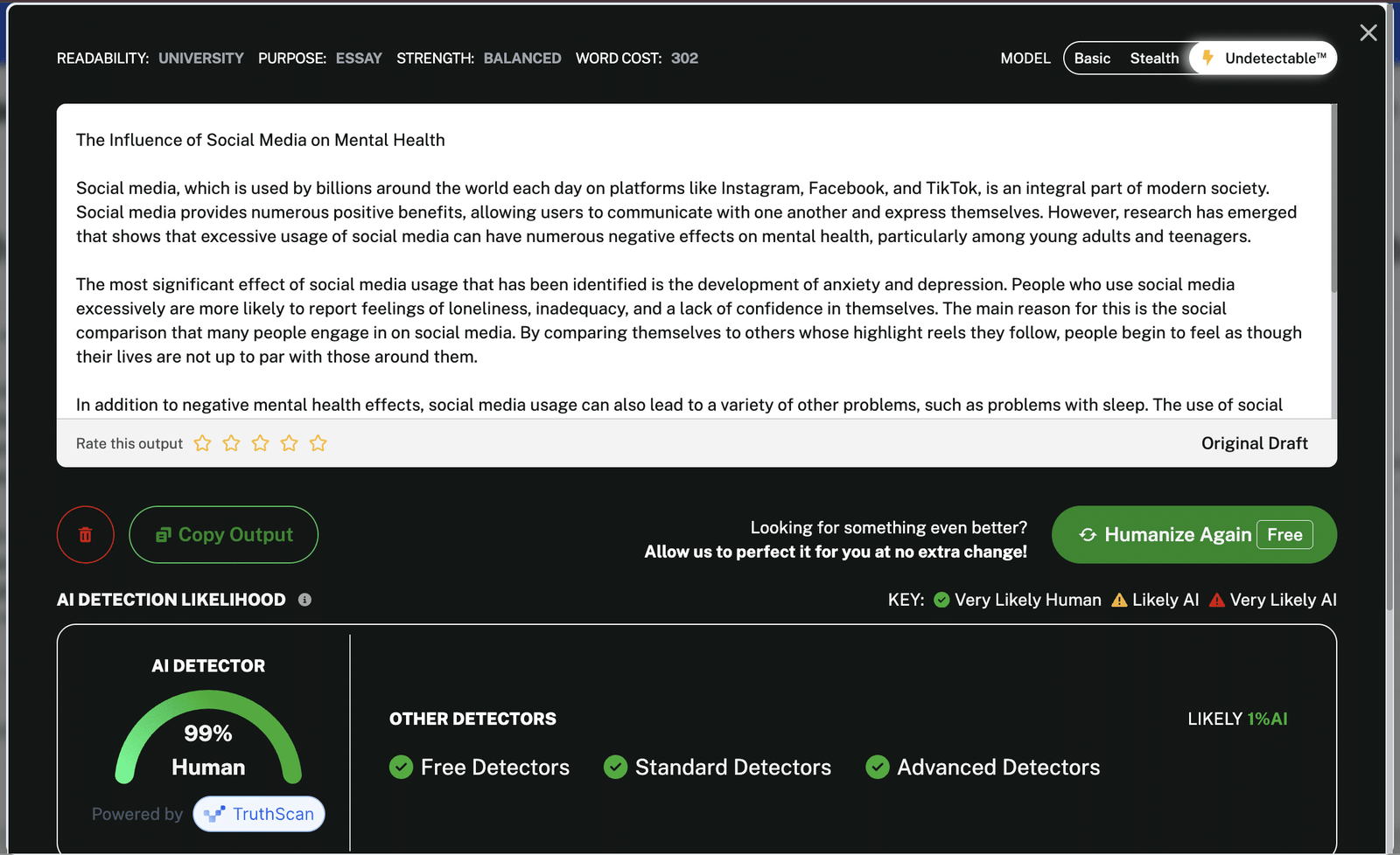 Output showing 99 percent human on built-in scan