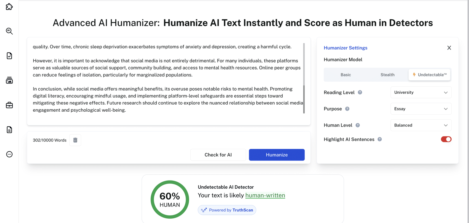 TruthScan showing 60% human on the raw AI essay