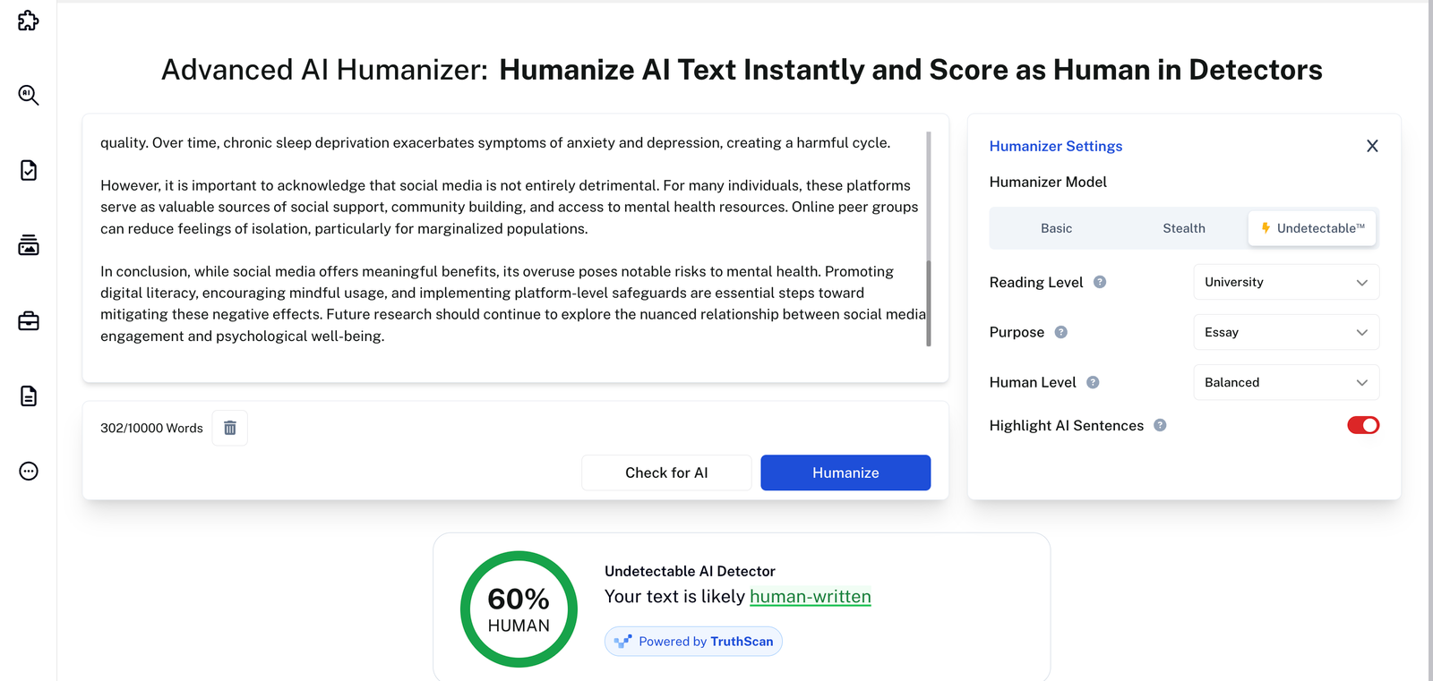 Undetectable AI vs WriteHuman (2026): I Tested Both — Here's My Honest Pick Pre-processing check showing 60% human rating