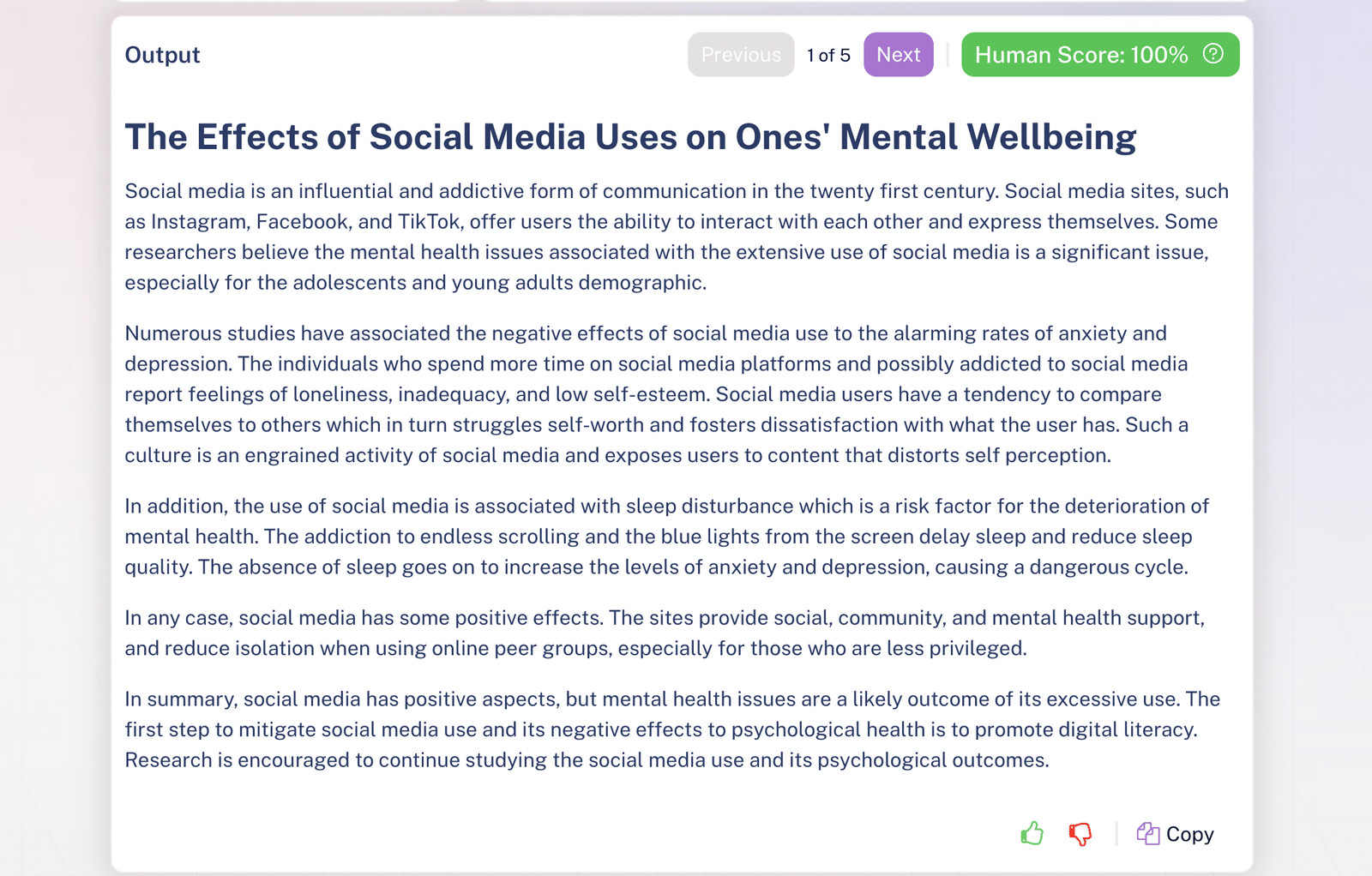 Output marked 100 percent human by own check