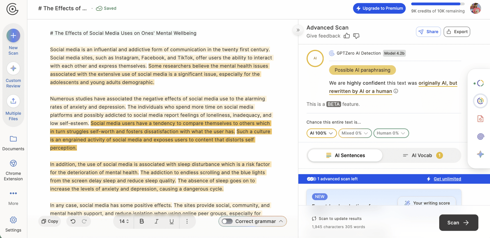 WriteHuman output scored 100% AI on the detector