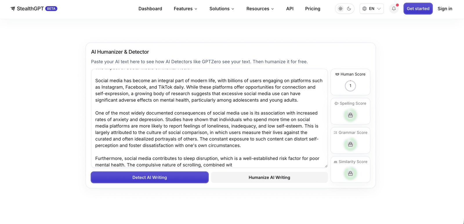 StealthGPT Review 2026: The "Undetectable AI" Writer Tested StealthGPT AI checker showing 1 percent human score for Claude essay