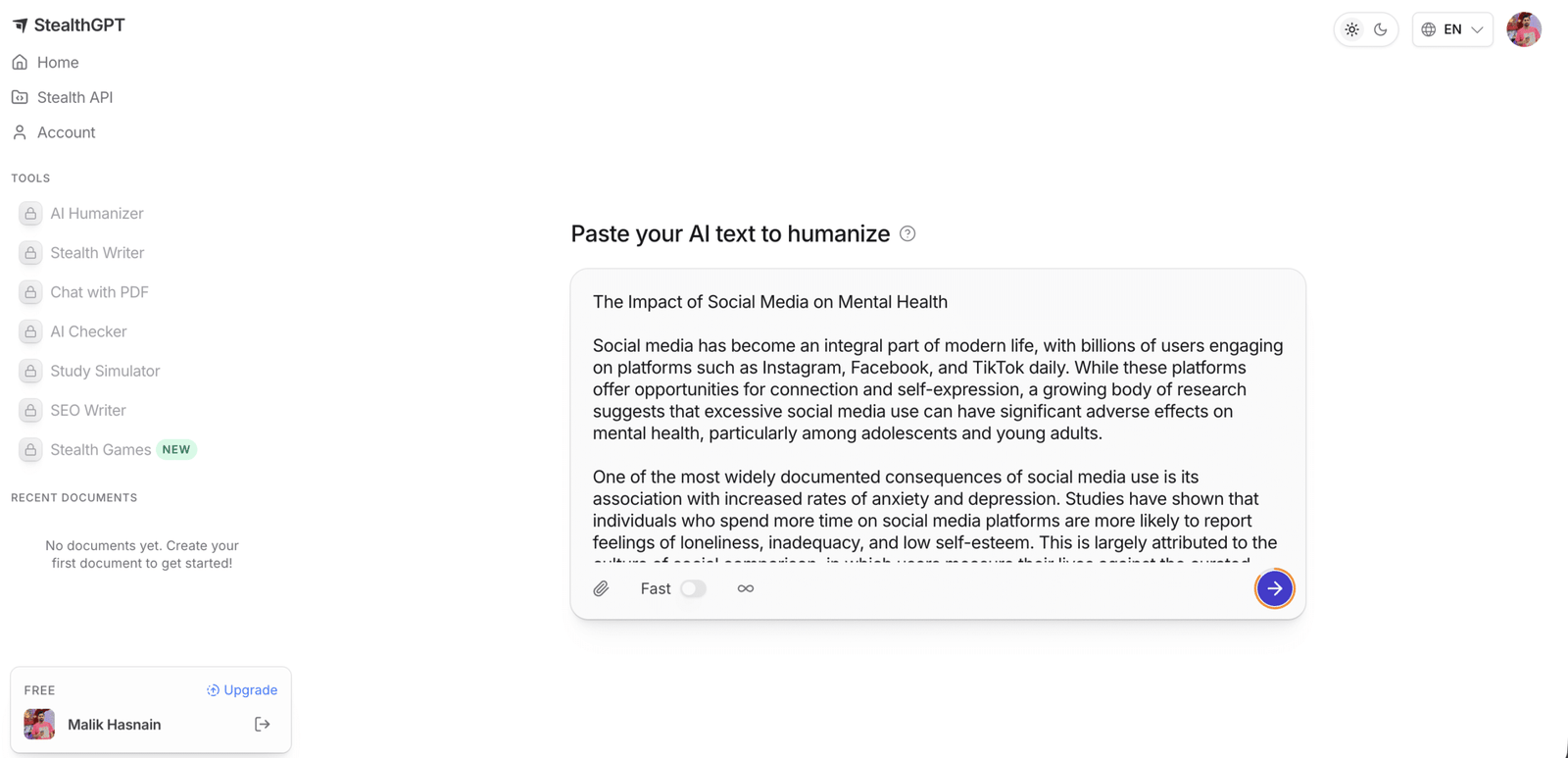 StealthGPT Review 2026: The "Undetectable AI" Writer Tested StealthGPT AI humanizer tool dashboard interface