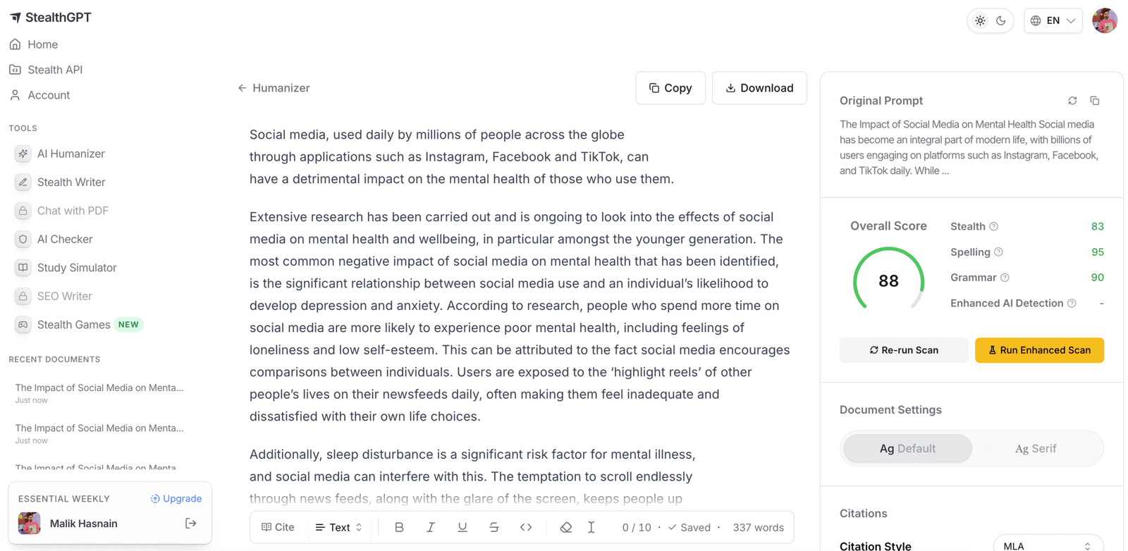 StealthGPT Review 2026: The "Undetectable AI" Writer Tested StealthGPT humanized 300 words essay showing 88 percent human score