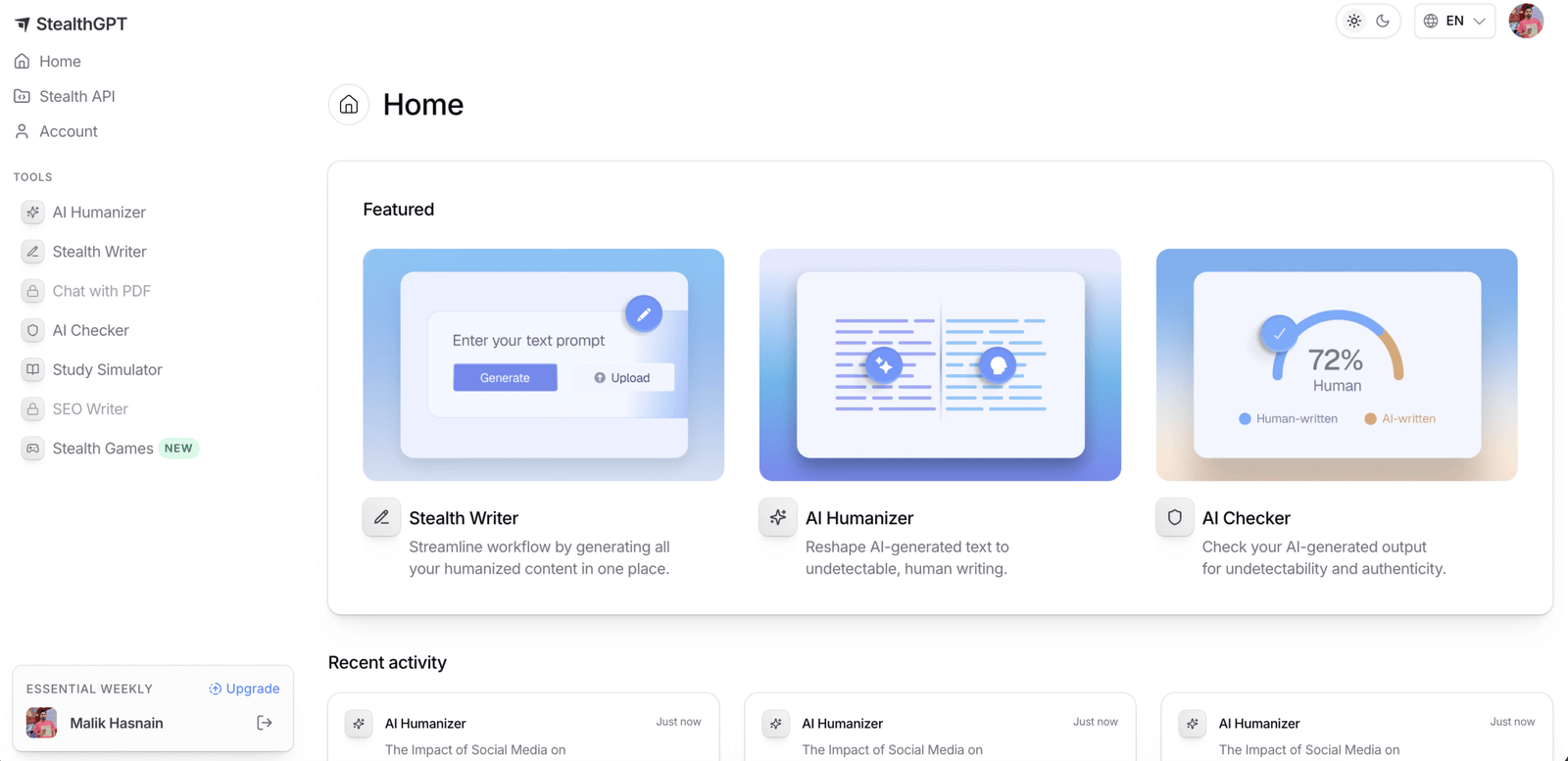 StealthGPT Review 2026: The "Undetectable AI" Writer Tested StealthGPT dashboard for logged in user showing AI tools