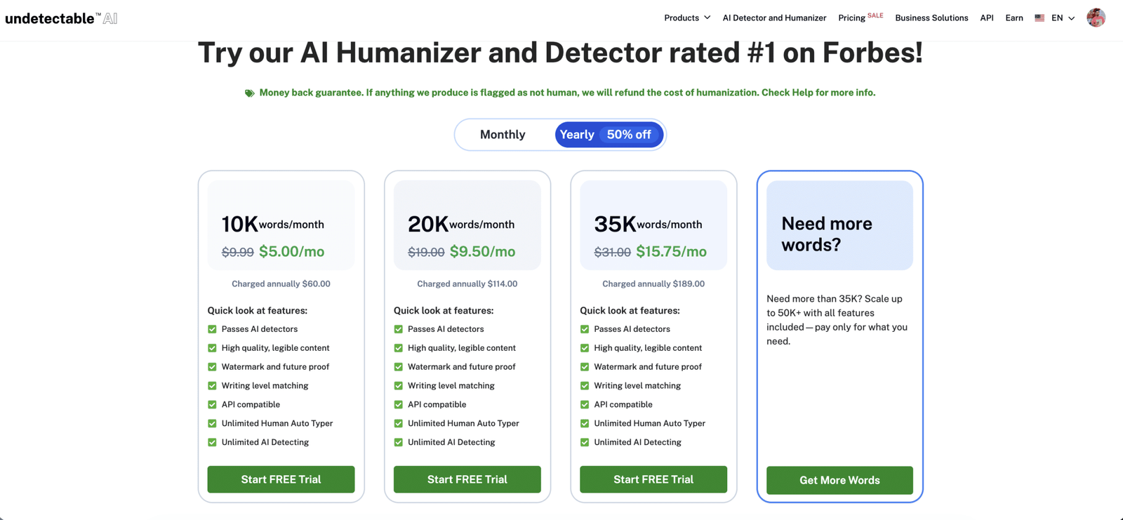 Undetectable AI annual pricing plans showing 50 percent off all tiers