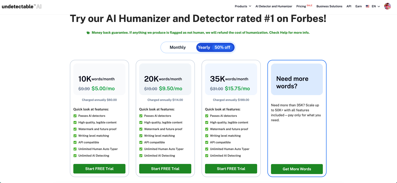 Undetectable AI vs WriteHuman (2026): I Tested Both — Here's My Honest Pick Annual pricing showing 50% discount on word-based plans