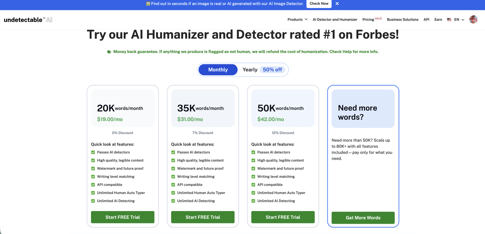 Undetectable AI monthly pricing plans showing all three tiers