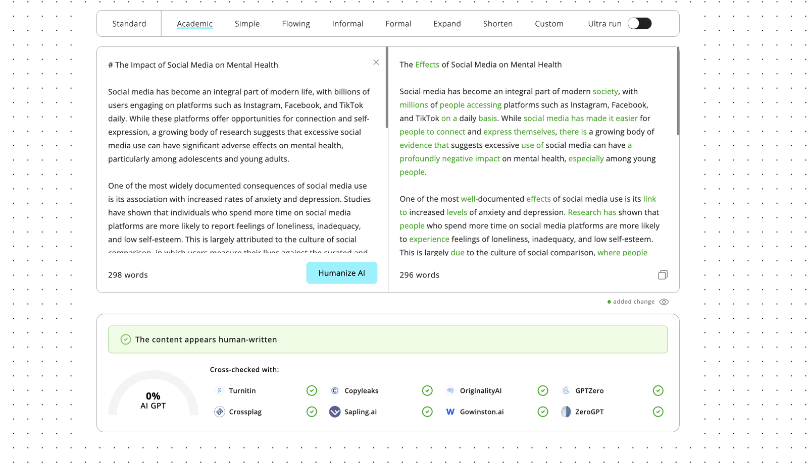 Own check showing 0 percent AI