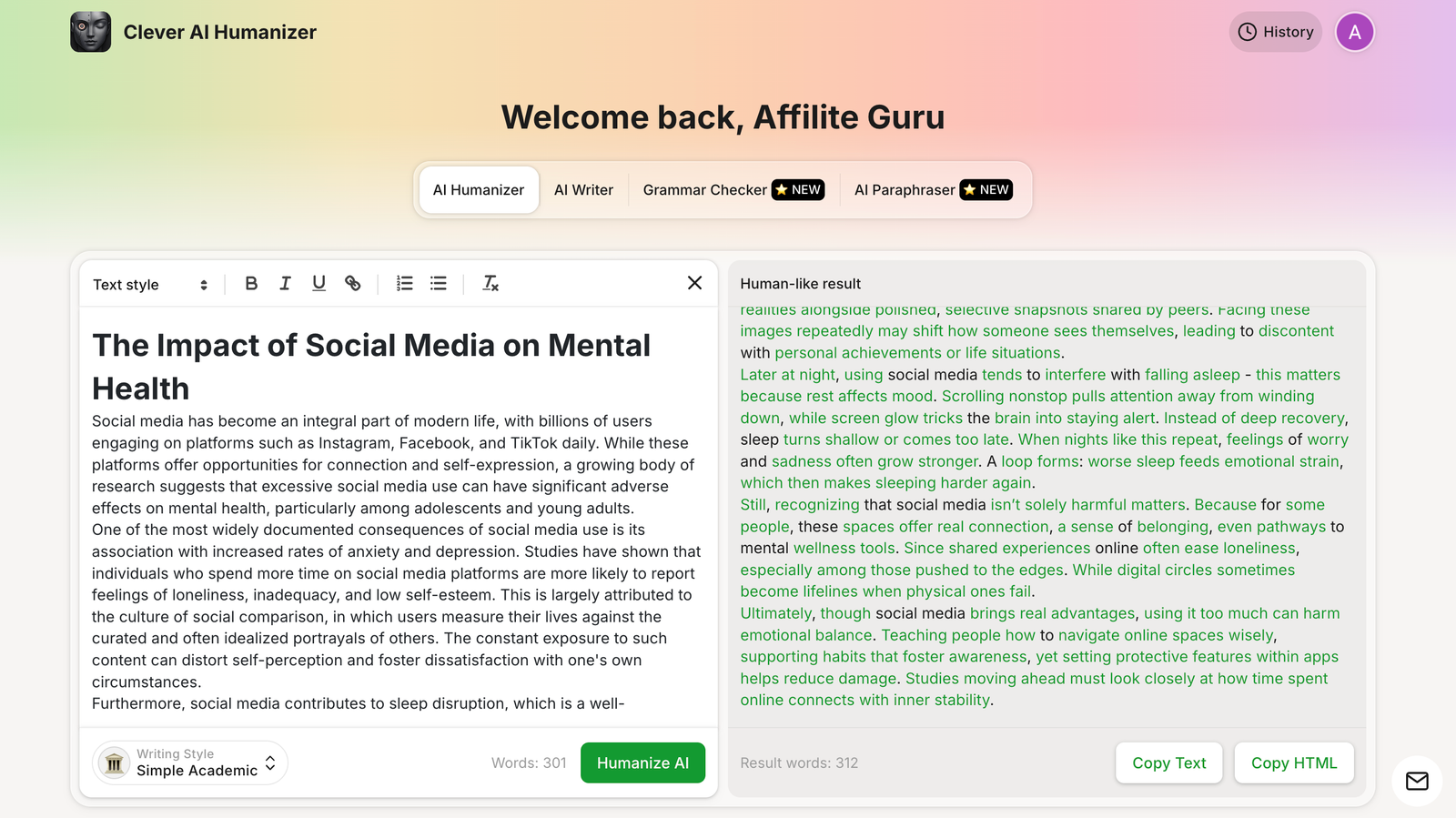 Clever Humanizer output