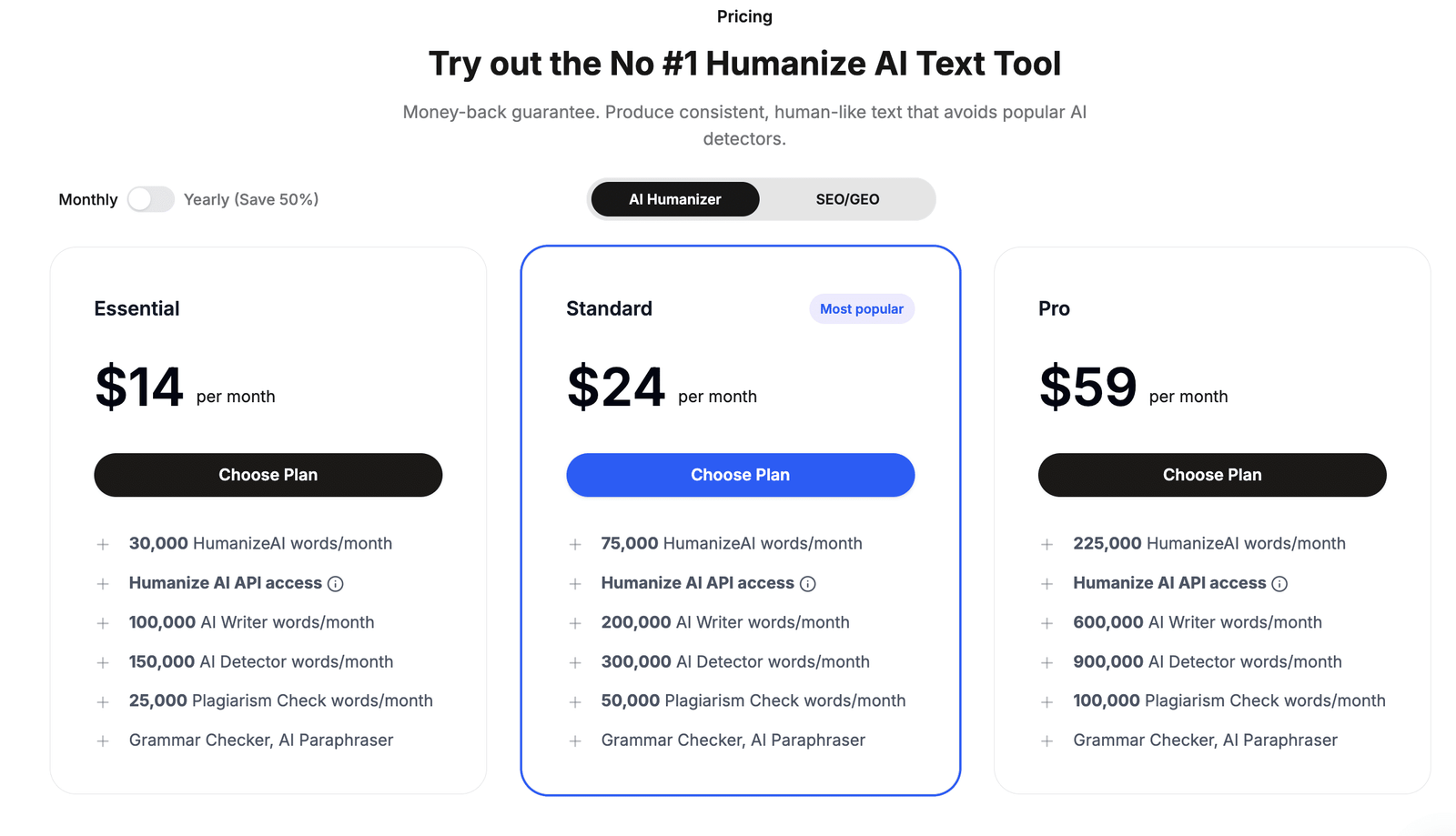 HumanizeAI.com monthly pricing plans — Essential, Standard, and Pro tiers (2026)