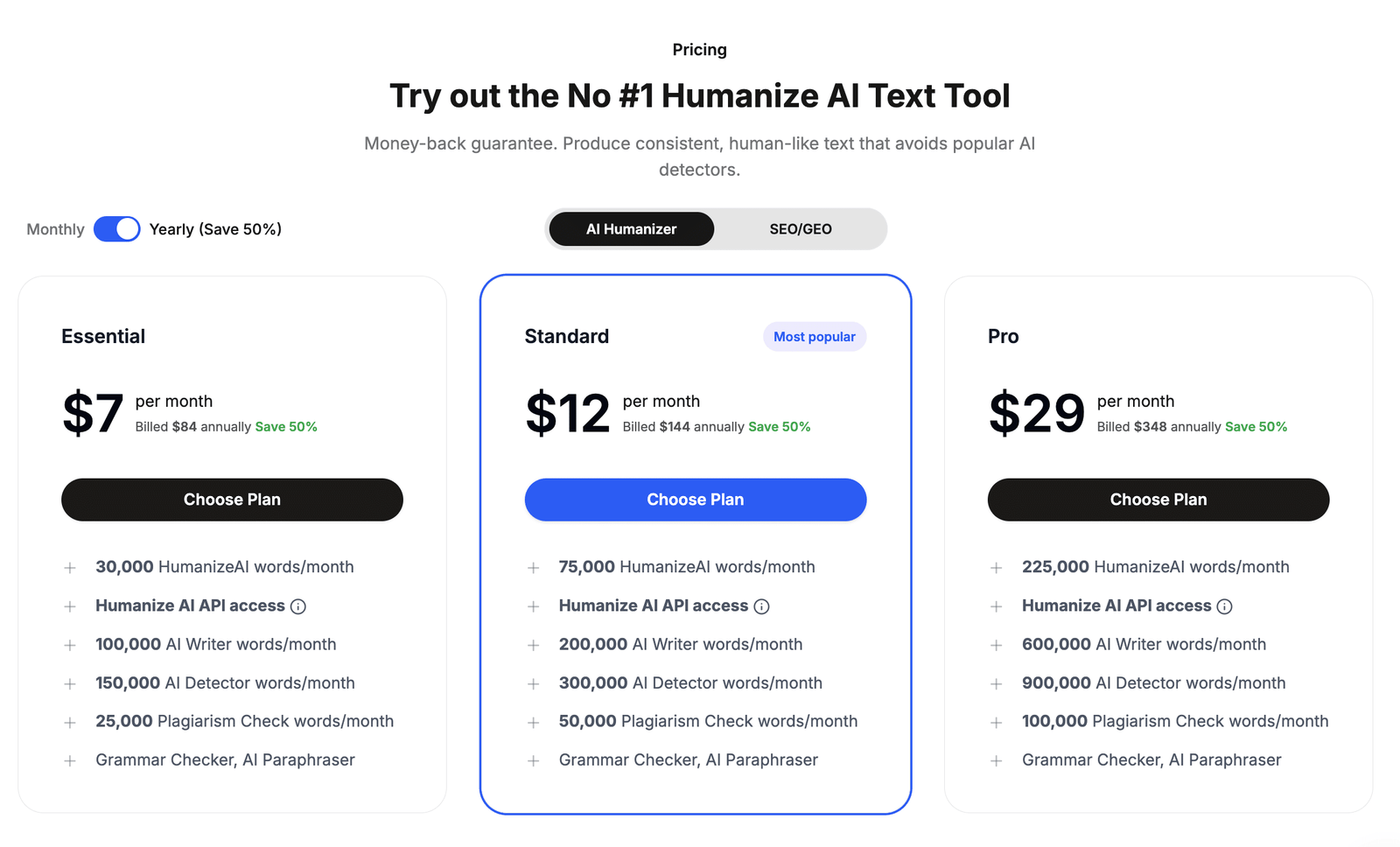 HumanizeAI.com annual pricing plan with 50% off — cheapest AI humanizer word-per-dollar option (2026)