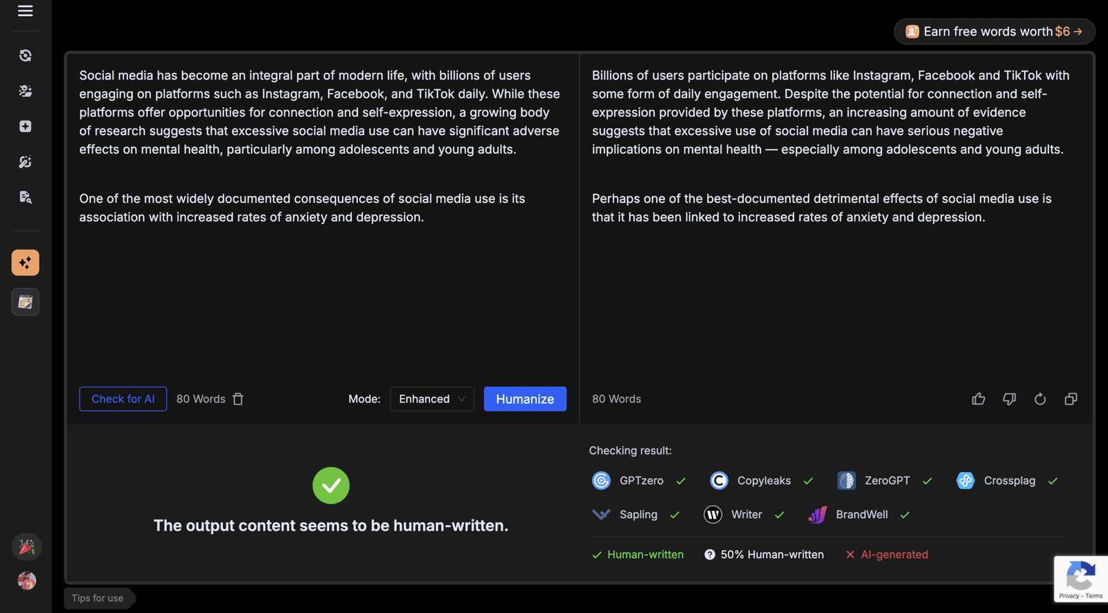 BypassGPT Review 2026: I Tested It Against GPTZero — Here Are the Real Results BypassGPT free plan — 80 words humanized in single run