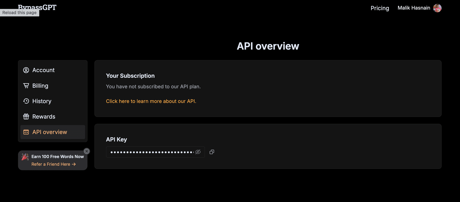BypassGPT Review 2026: I Tested It Against GPTZero — Here Are the Real Results BypassGPT dashboard showing API access on Basic plan