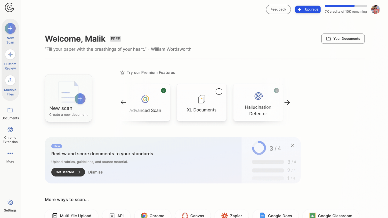 Dashboard view for a logged-in user