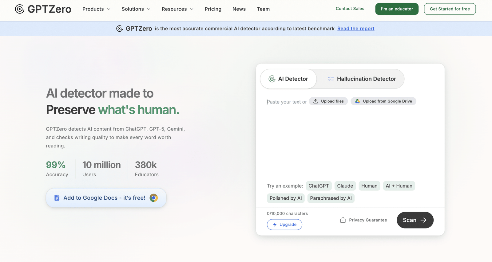 GPTZero landing page showing the AI detection interface