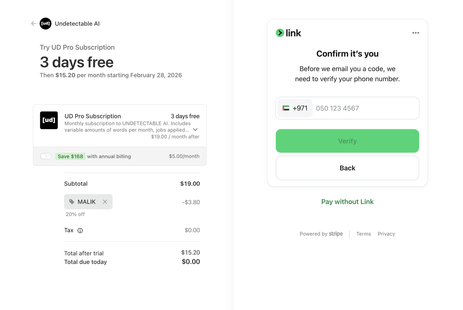 Coupon code MALIK applied on Undetectable AI checkout page showing 20% discount — price drops from $19 to $15.20
