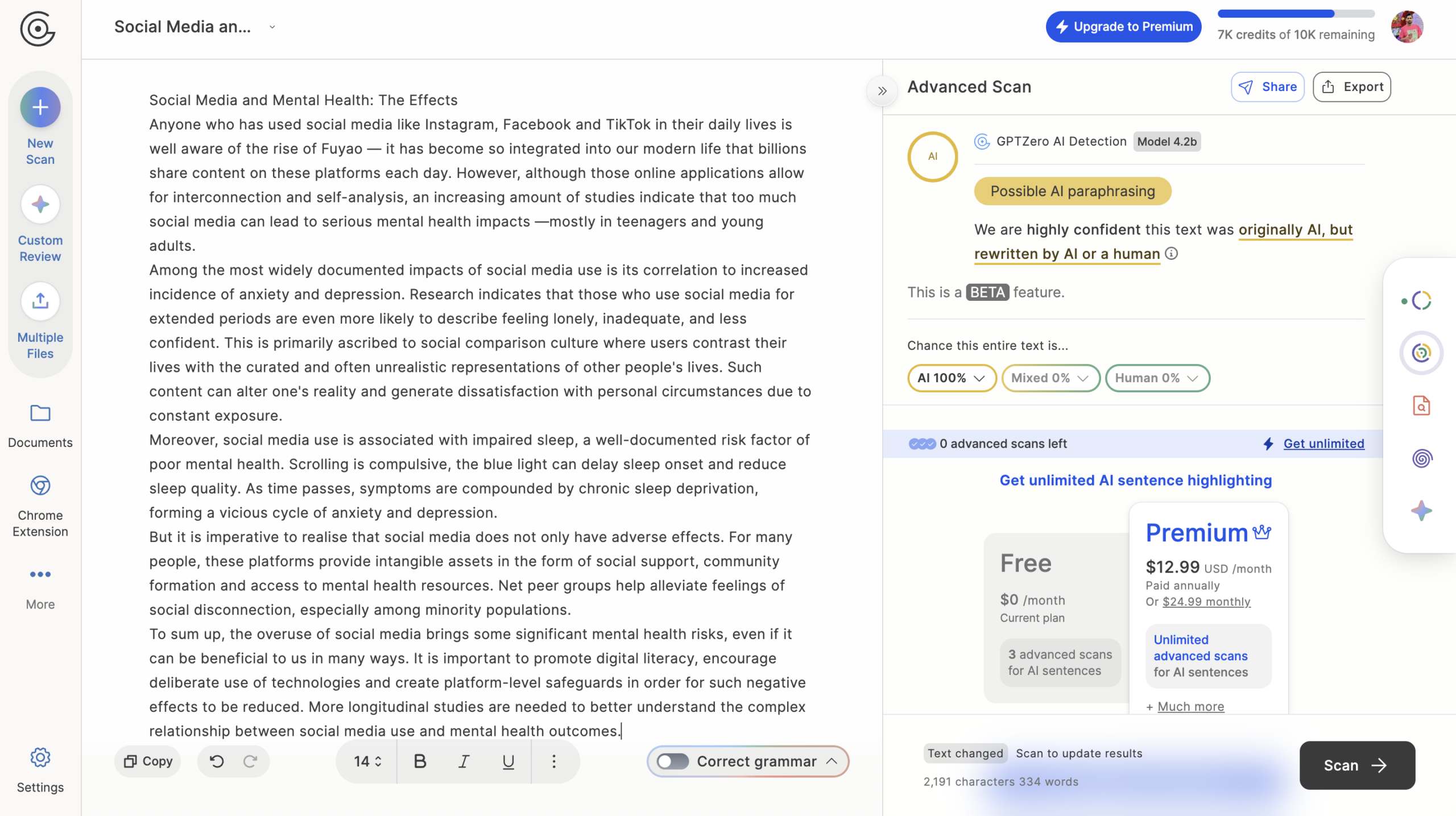 BypassGPT 336-word output scanned in GPTZero — 100% AI score