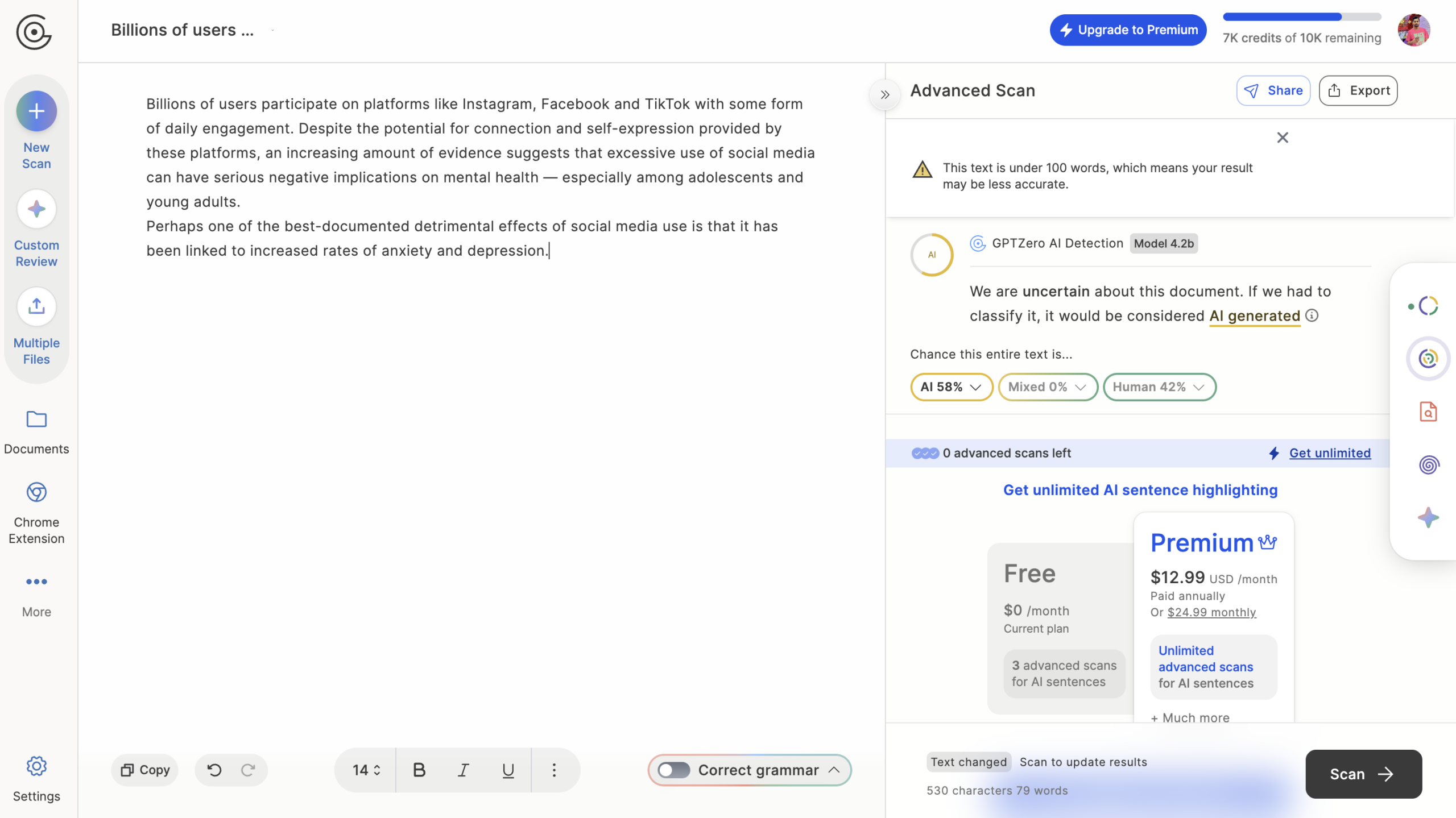 GPTZero results for BypassGPT humanized output