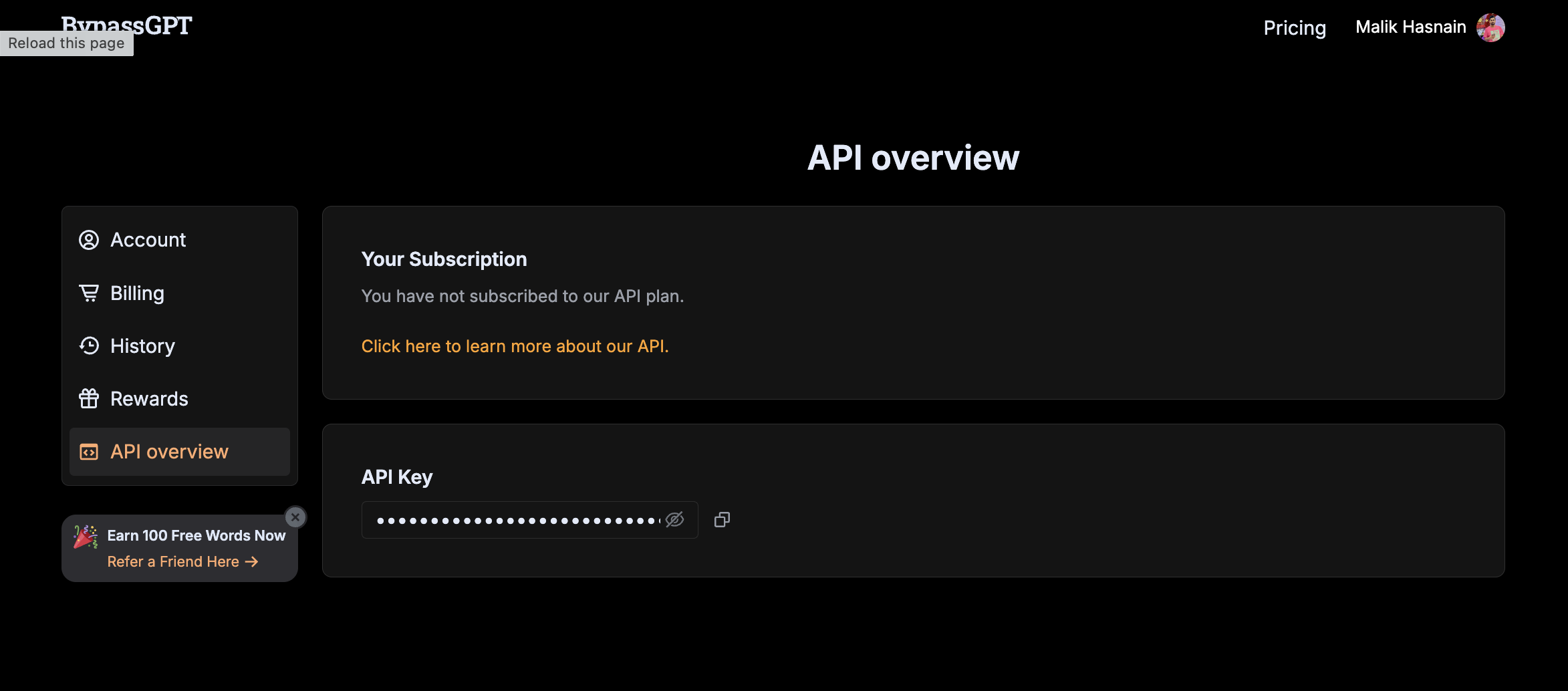 BypassGPT dashboard showing API access on Basic plan