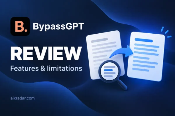 BypassGPT logo beside illustrated text rewriting and document analysis.