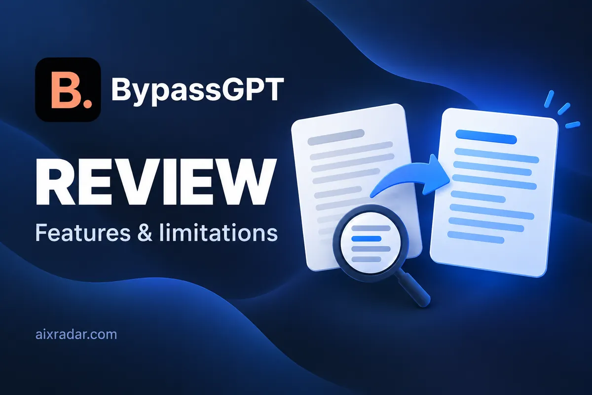 BypassGPT logo beside illustrated text rewriting and document analysis.