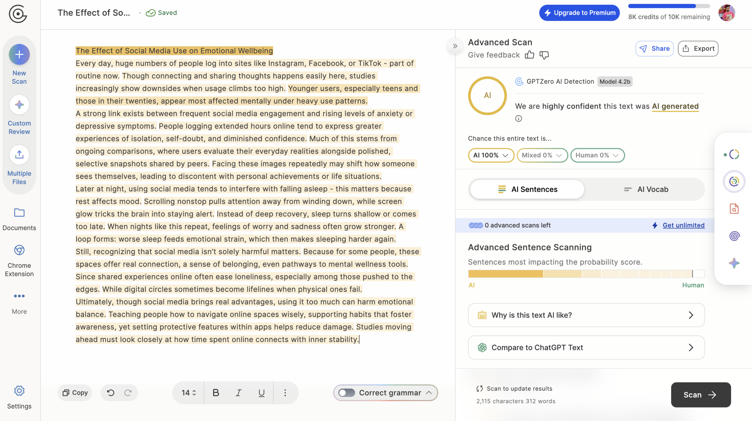GPTZero detection result for Clever AI Humanizer output — 100% AI detected (2026)