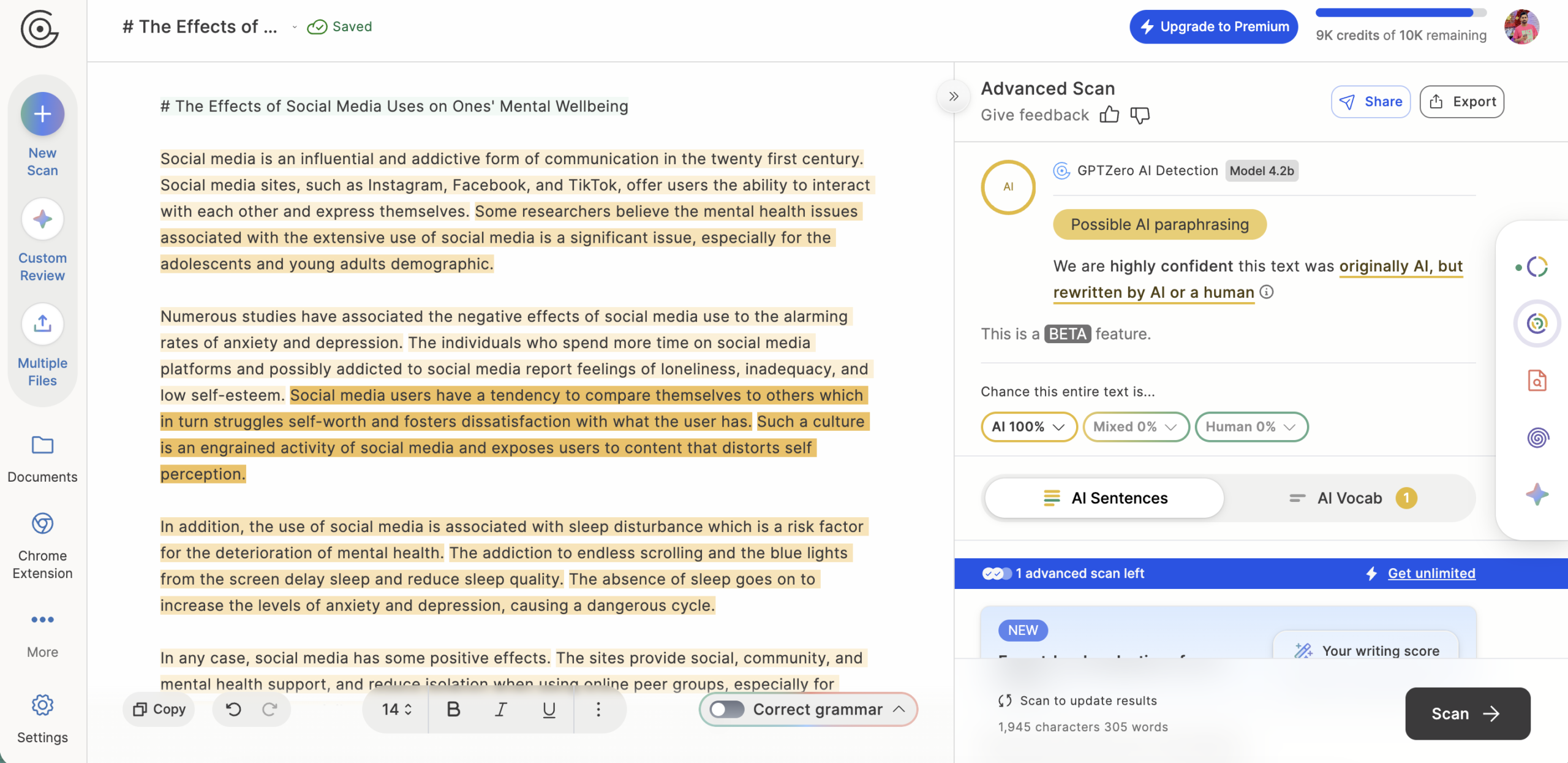 GPTZero detection result for WriteHuman humanized output — 100% AI detected despite internal 100% human claim (2026)
