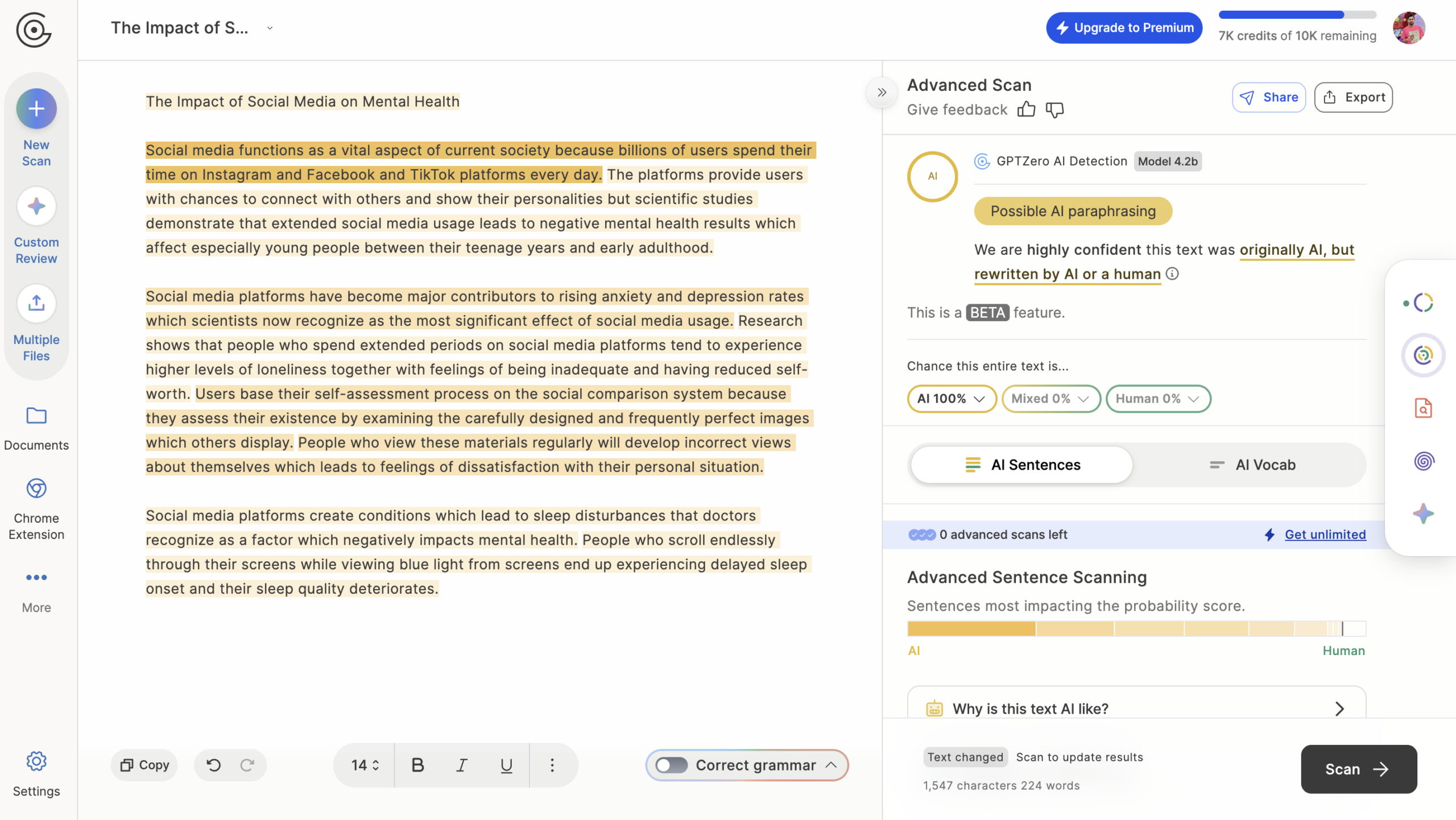 GPTZero detection result for HumanizeAI.com humanized text — 100% AI detected (2026)