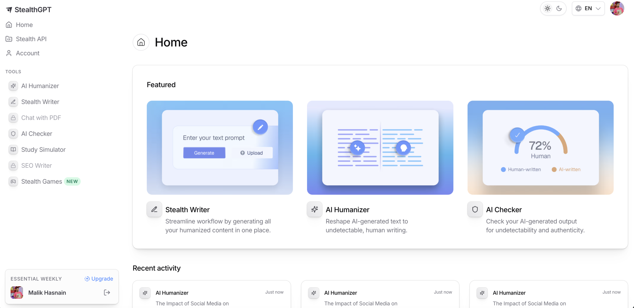 StealthGPT dashboard for logged-in users showing full AI writing suite and humanizer tools (2026)