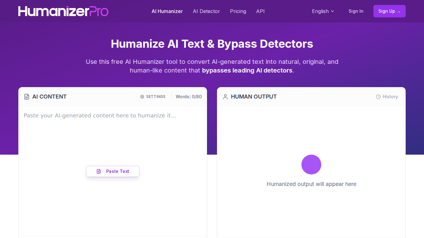 HumanizerPro homepage and AI humanizer dashboard 2026