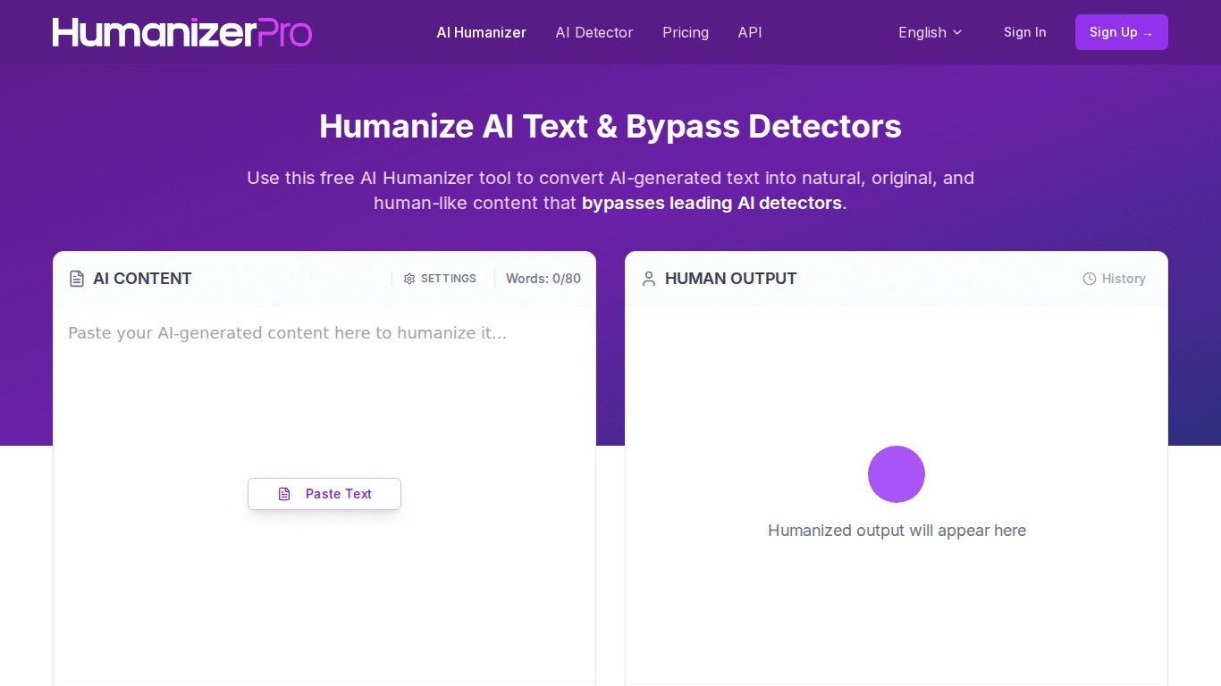 HumanizerPro homepage — AI humanizer tool for bypassing AI detection