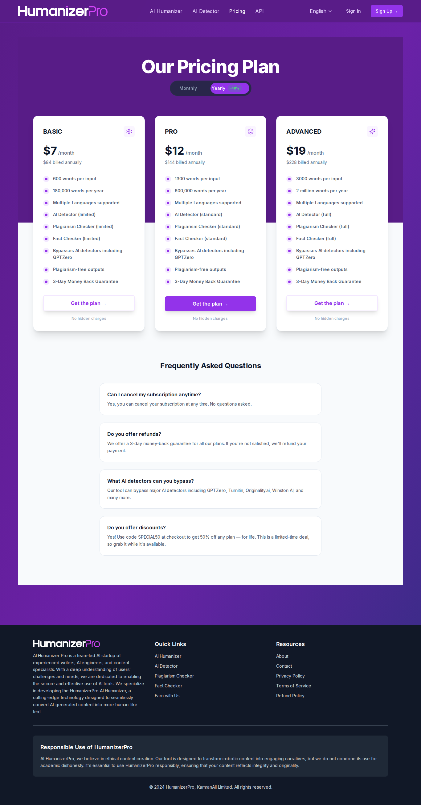 HumanizerPro pricing plans for 2026 - Basic, Pro, and Advanced
