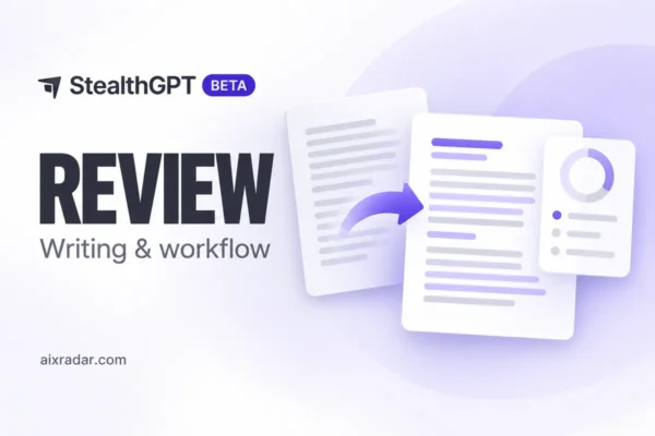 StealthGPT logo and paper-plane mark beside a text-rewriting illustration.