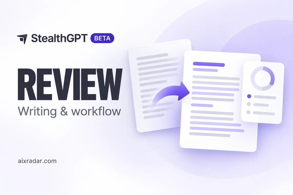StealthGPT logo and paper-plane mark beside a text-rewriting illustration.