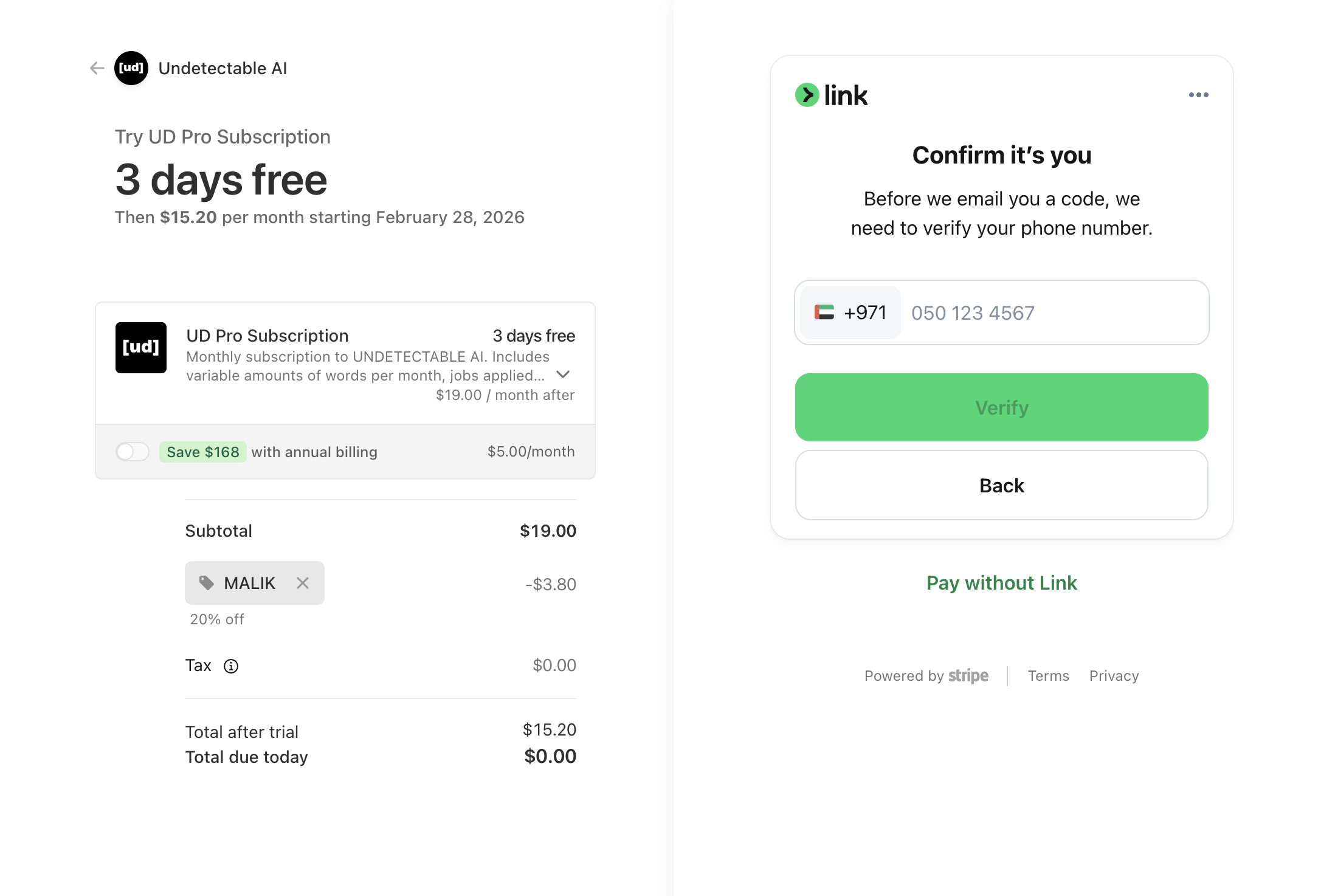 Coupon code MALIK applied on Undetectable AI checkout page showing 20% discount — price drops from $19 to $15.20