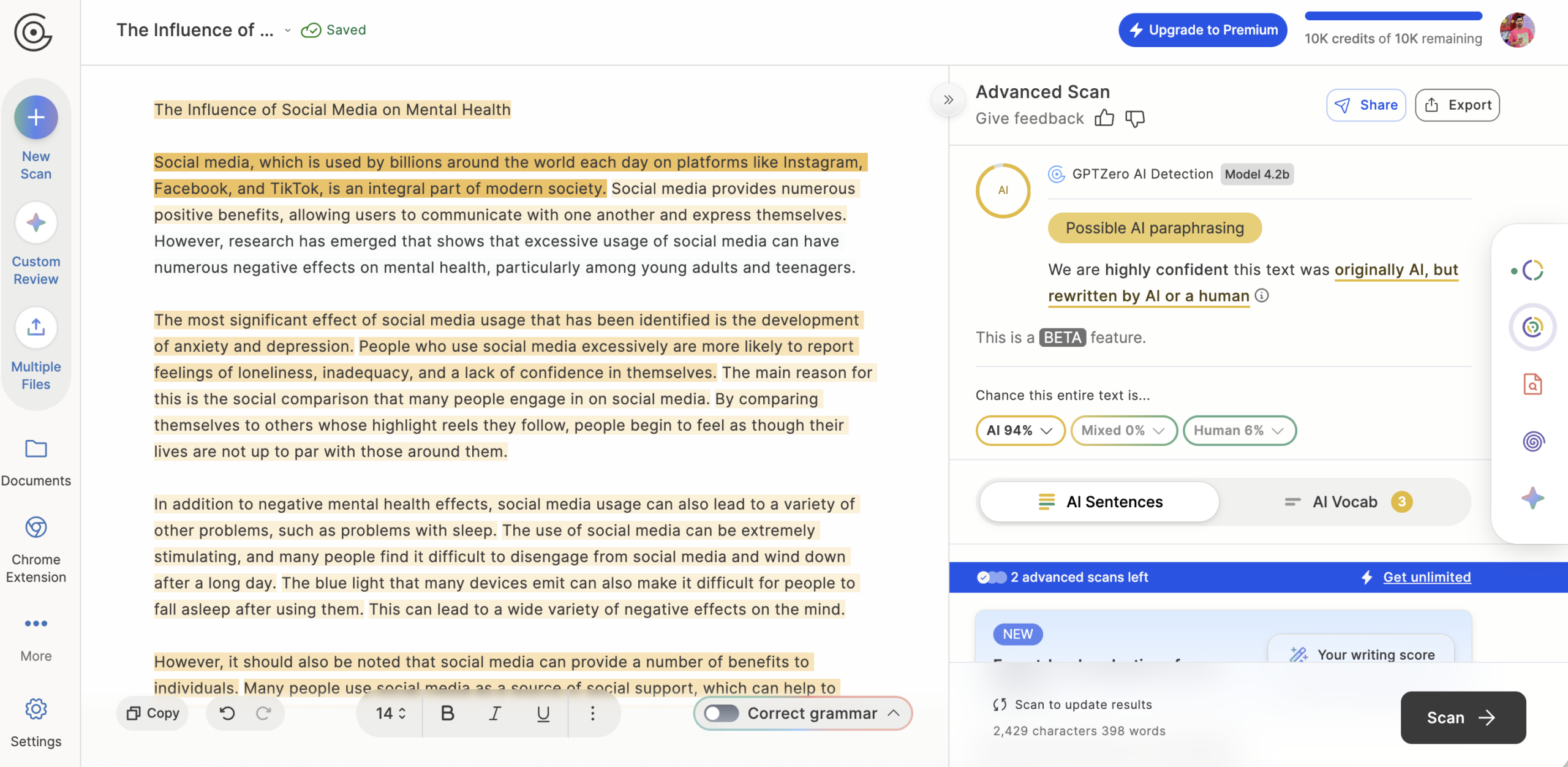 GPTZero detection result for Undetectable AI humanized text — 96% AI, 4% human score (2026)