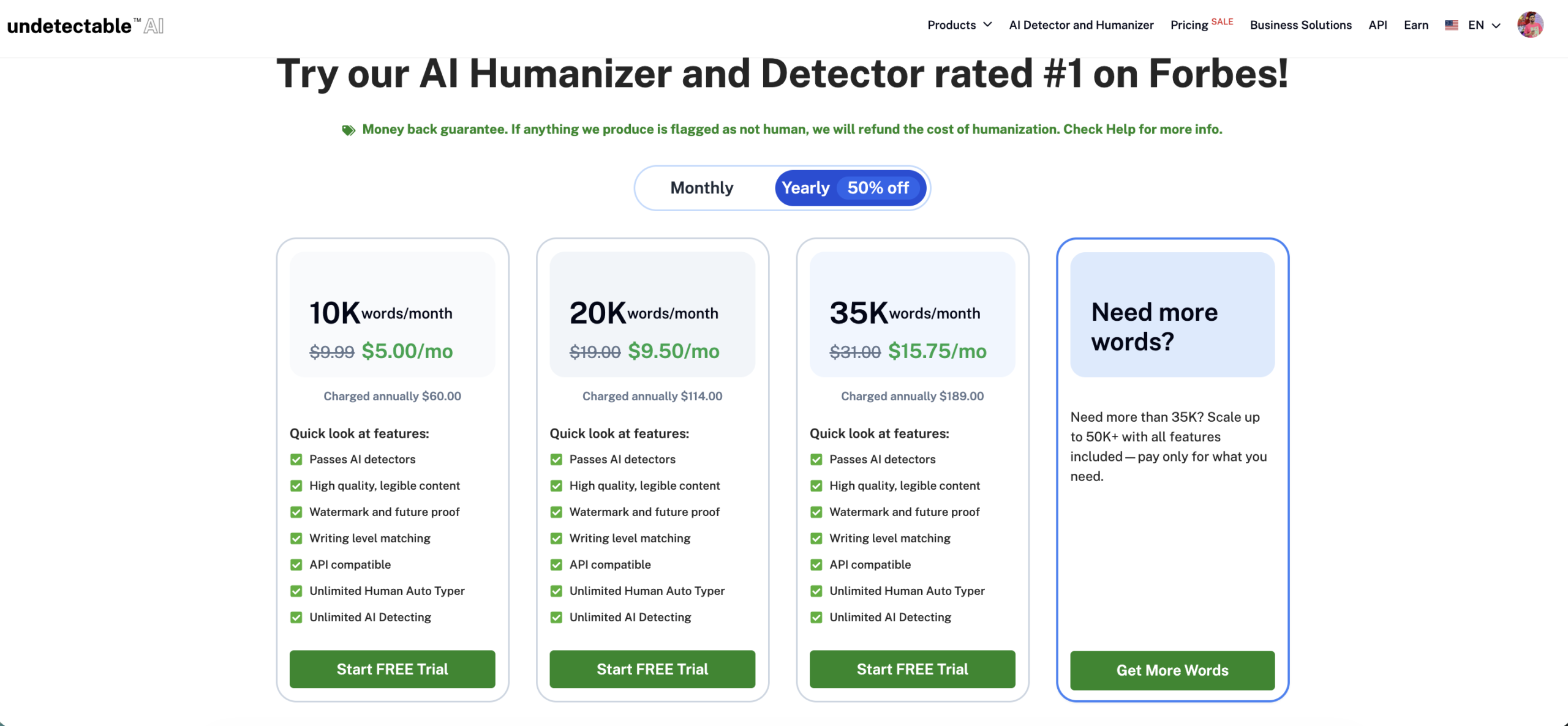Undetectable AI annual pricing plans showing 50 percent off all tiers