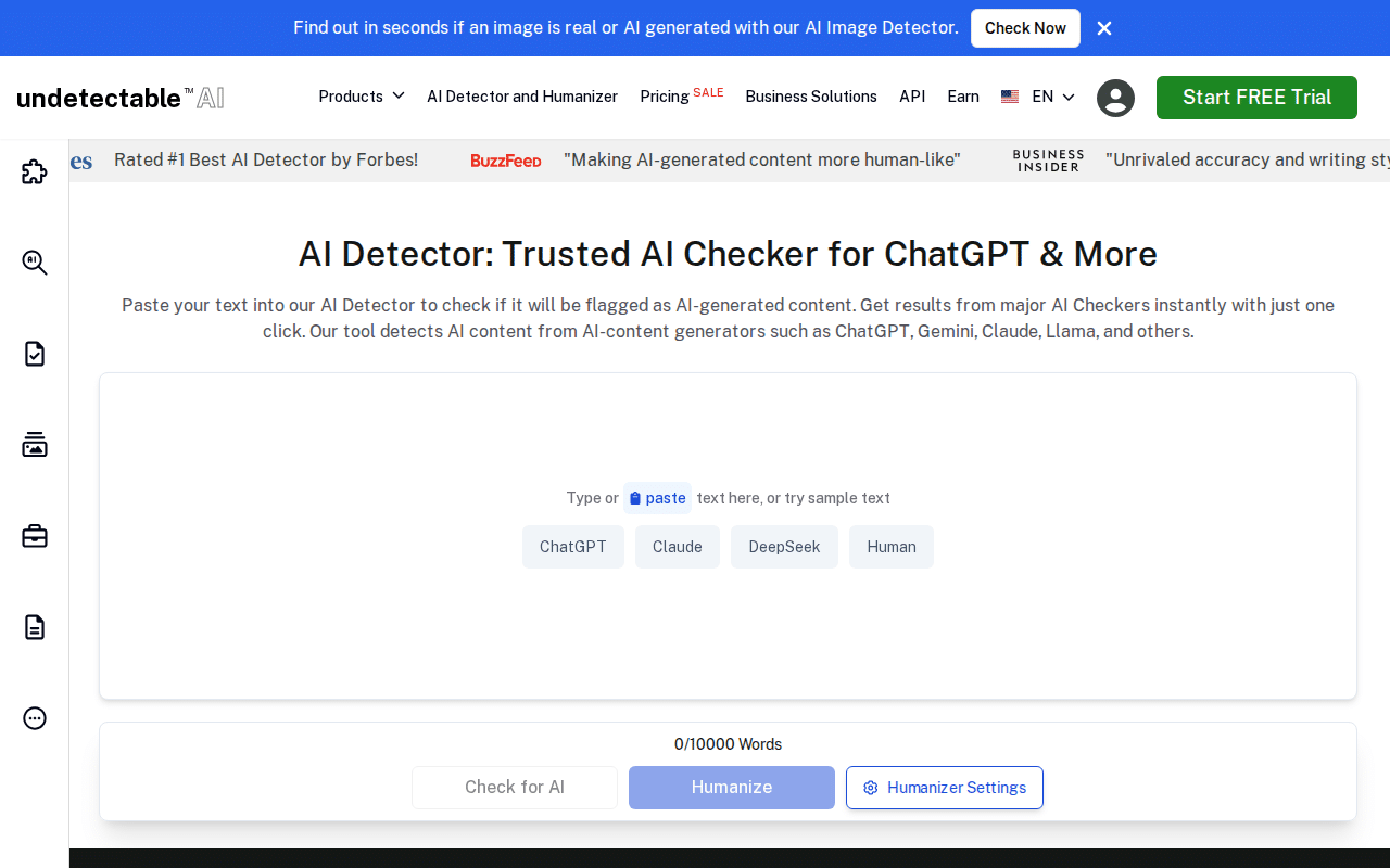 Undetectable AI homepage — AI humanizer and detector tool interface