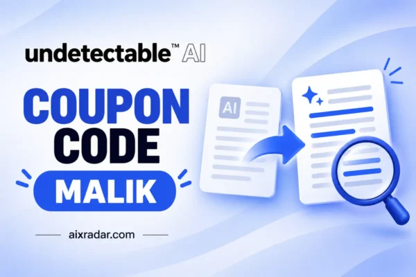 Undetectable AI logo with a MALIK coupon ticket and text-rewriting illustration.