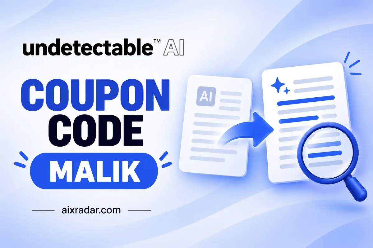 Undetectable AI logo with a MALIK coupon ticket and text-rewriting illustration.