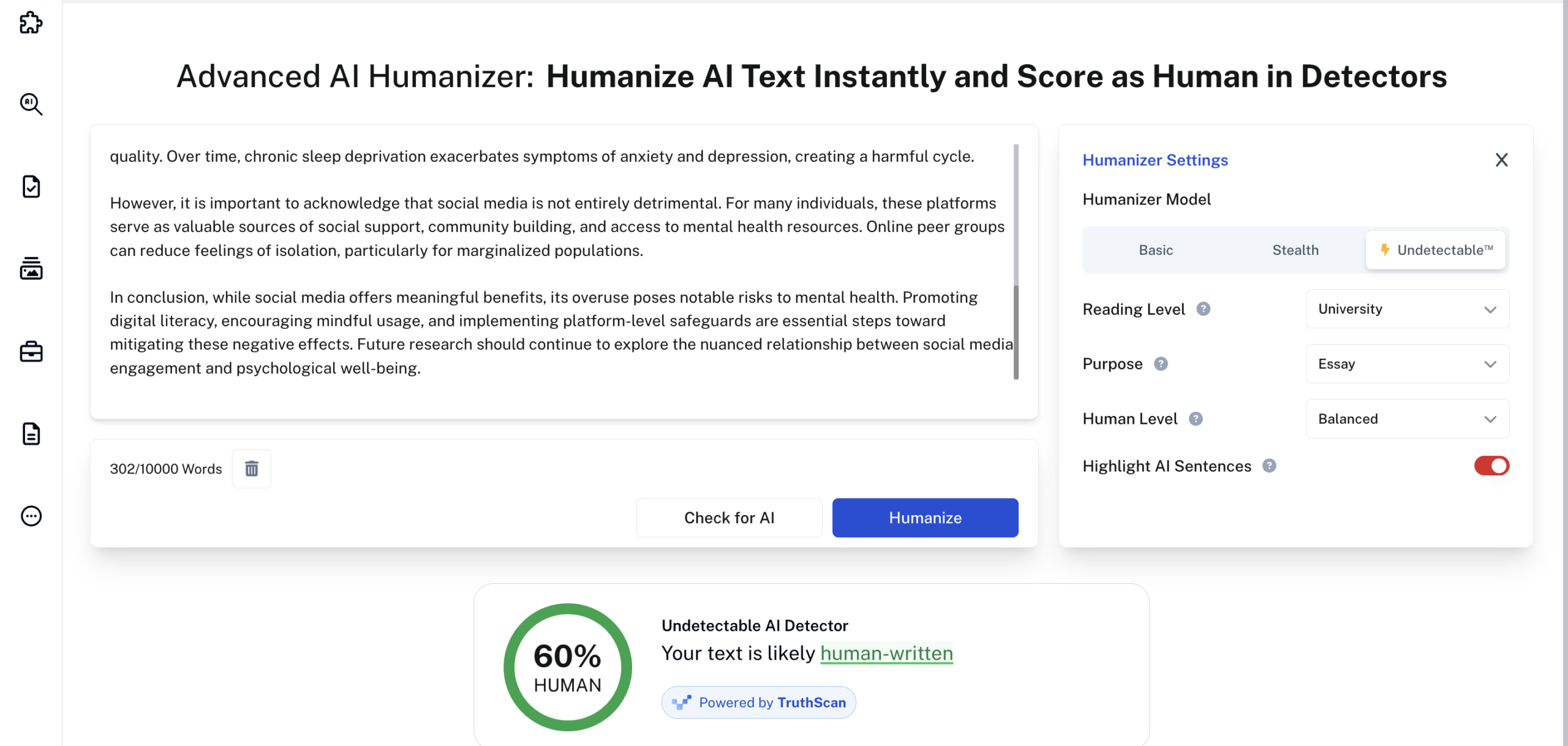 Undetectable AI detecting 60% human score on Claude essay before humanization (2026)