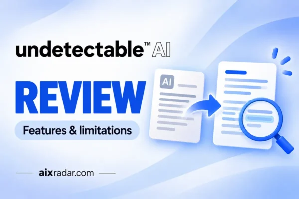 Undetectable AI logo above a text editor and neutral document-analysis illustration.