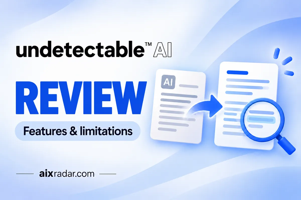 Undetectable AI logo above a text editor and neutral document-analysis illustration.