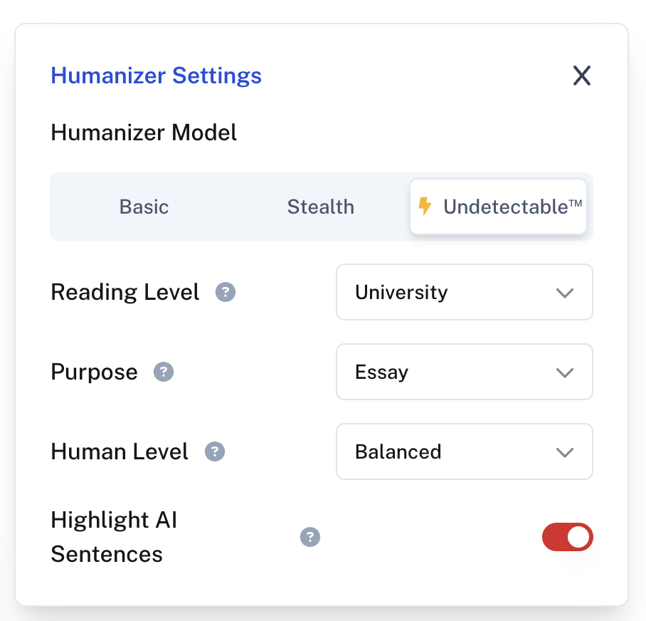 Undetectable AI humanizer settings showing mode, reading level, and purpose controls (2026)
