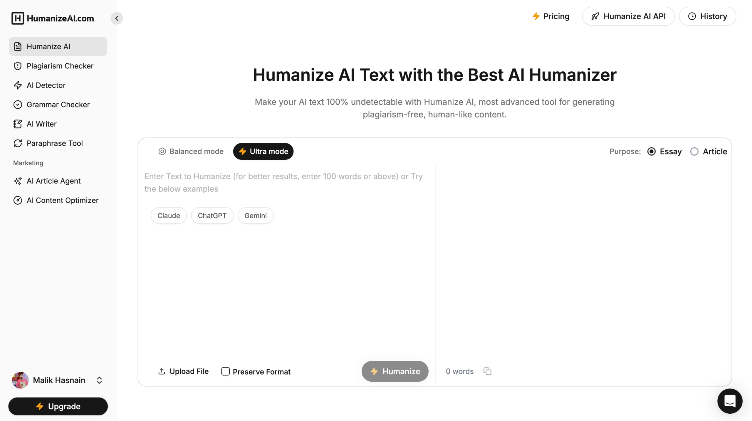 HumanizeAI.com dashboard for logged-in users showing AI humanizer and writing tools (2026)