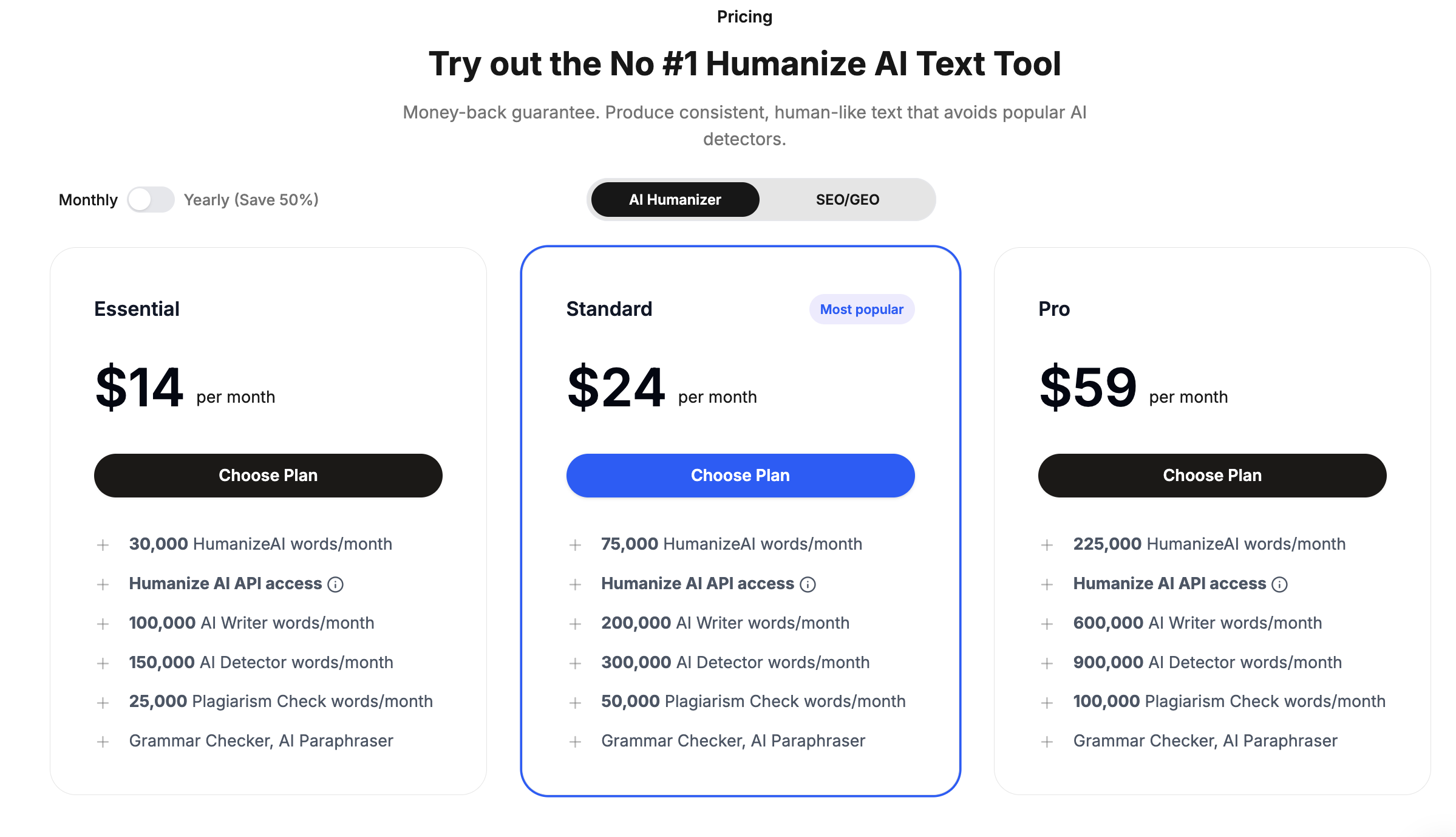 HumanizeAI.com monthly pricing plans