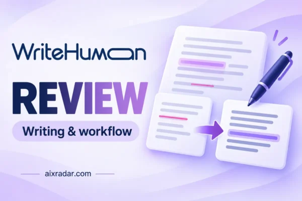 WriteHuman logo with an illustrated text-rewriting workflow in the brand’s navy and lavender colours.