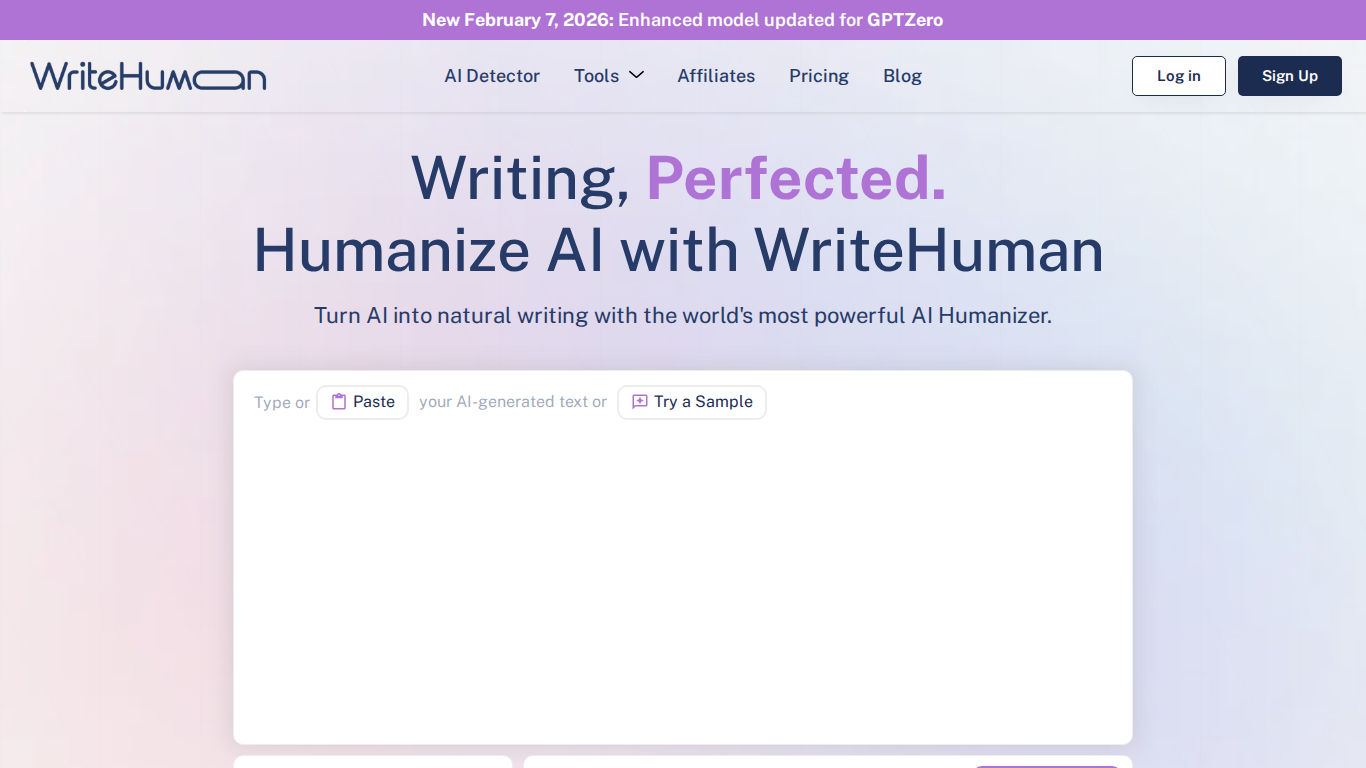 WriteHuman review — homepage screenshot of the AI humanizer tool