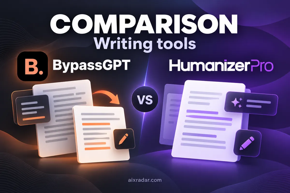 BypassGPT and HumanizerPro logos above a side-by-side text-rewriting comparison illustration.